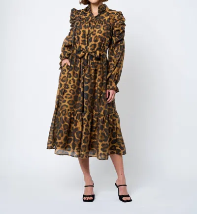 Ciebon Daphne Ruched Sleeve Animal Print Midi Dress In Cheetah Print In Brown