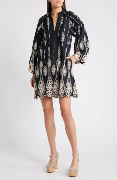 Ciebon Dianna Embroidered Long Sleeve Cotton Shift Dress In Black/cream
