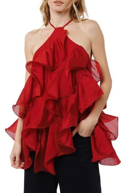 Ciebon Echo Ruffle Halter Neck Top In Red