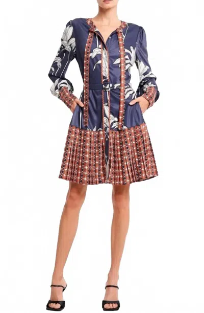 Ciebon Edda Floral Mix Print Belted Mini Dress In Navy Blue/brown In Multi