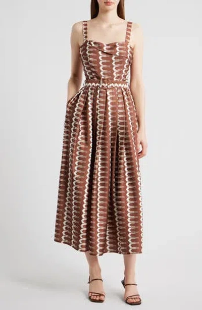 Ciebon Edia Geo Print Belted Maxi Dress In Brown