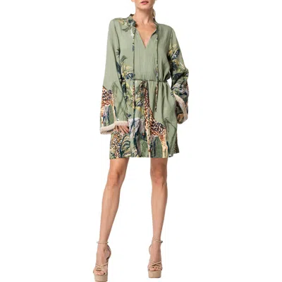 Ciebon Eleanor Print Long Sleeve Dress In Olive Multi