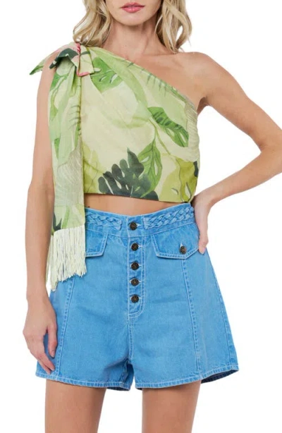 Ciebon Elsy Floral Print Asymmetric Crop Top In Green