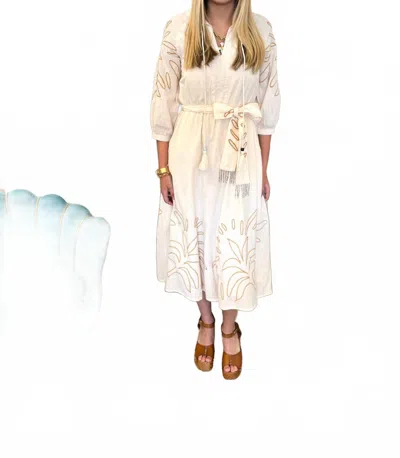 Ciebon Embroidered 3/4 Sleeve Midi Dress In Cream/sand In White