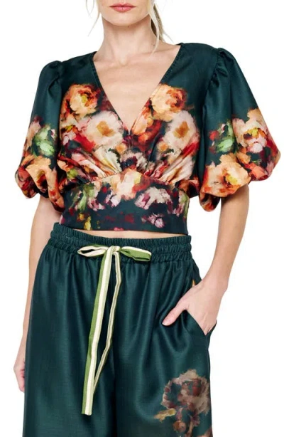 Ciebon Emel Floral Puff Sleeve Top In Blue