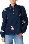 Ciebon Emmy Nature Embroidered Cotton Popover Top In Navy