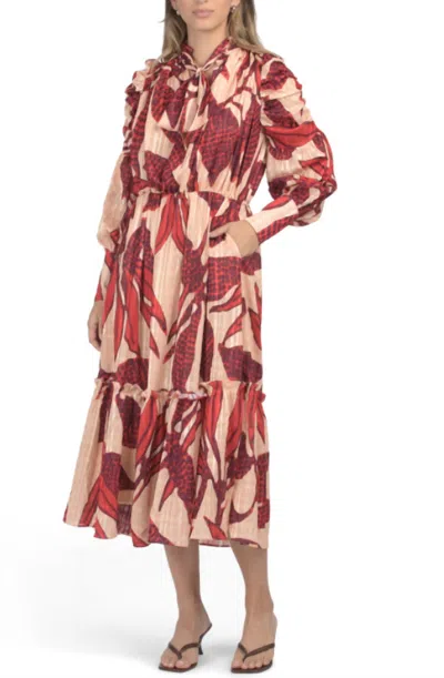 Ciebon Eryn Blush Elegant Long Pleated Sleeve Dress In Red In Multi