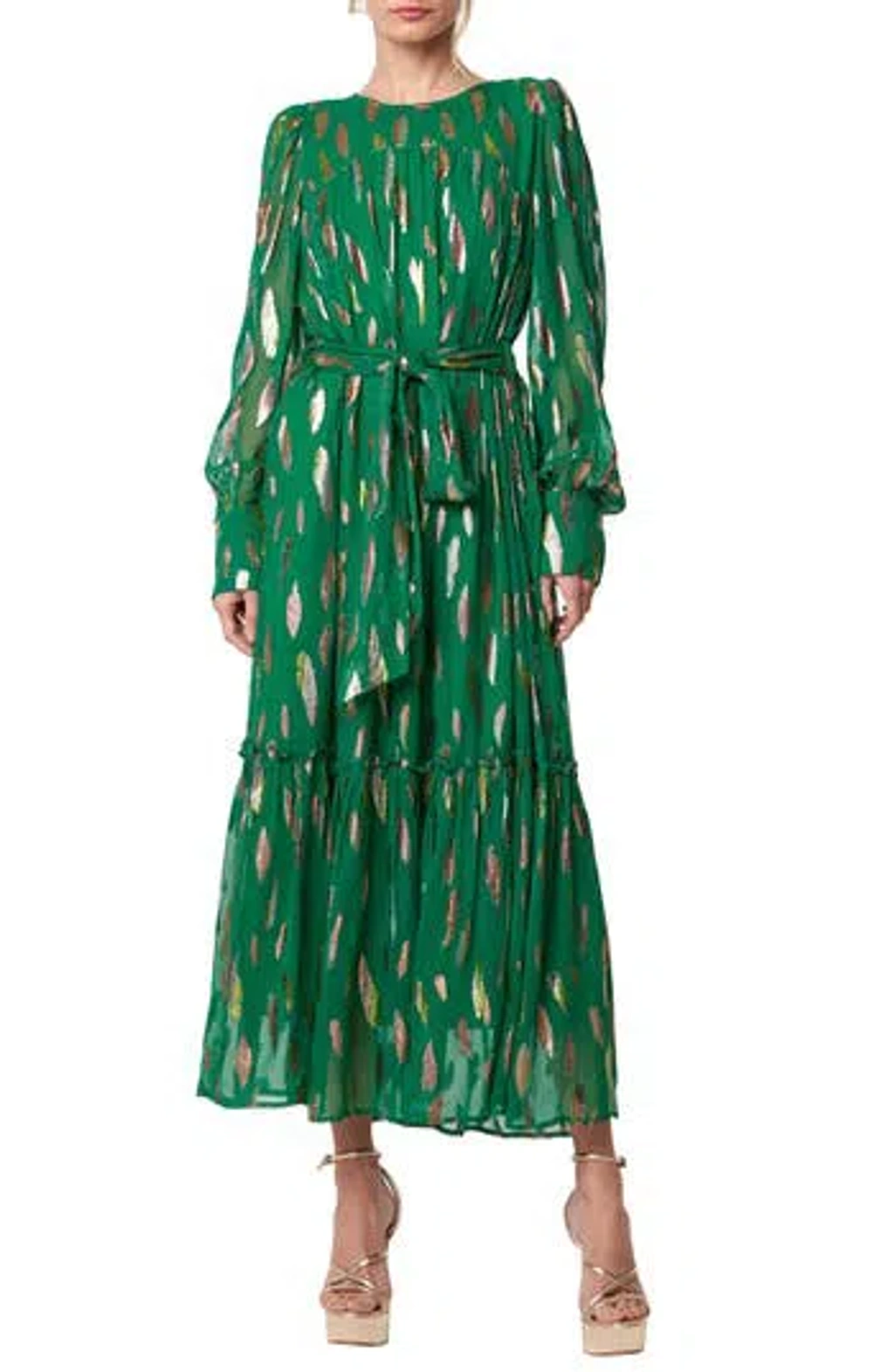 Ciebon Eryn Metallic Print Tie Waist Long Sleeve Maxi Dress In Green |  ModeSens
