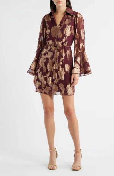 Ciebon Estrada Long Sleeve Fil Coupé Chiffon Minidress In Brown