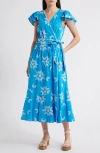 Ciebon Evelyn Embroidered Side Tie Cotton Wrap Dress In Blue