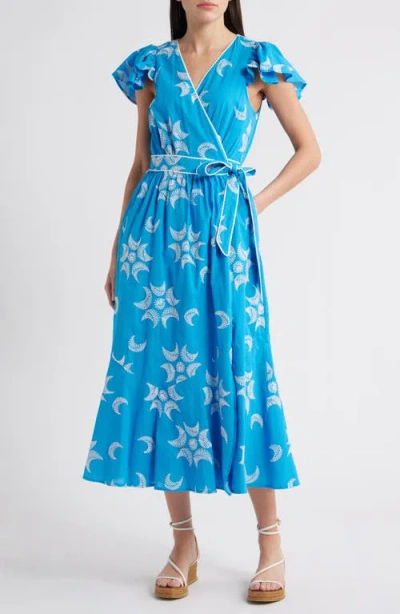 Ciebon Evelyn Embroidered Side Tie Cotton Wrap Dress In Blue
