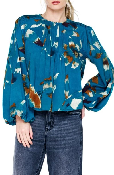 Ciebon Faye Balloon Sleeve Pleated Top In Teal