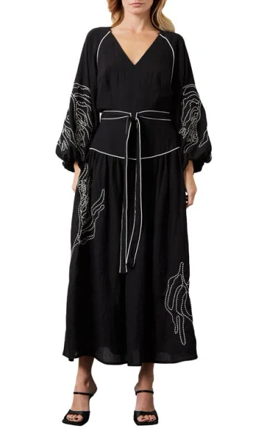 Ciebon Faye Embroidered Tie Waist Long Sleeve Maxi Dress In Black