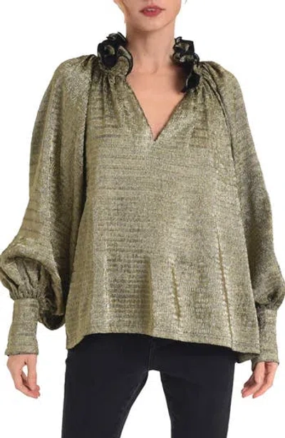 Ciebon Frida Metallic Ruffle Collar Trapeze Top In Green