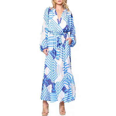 Ciebon Gaeley Print Tie Waist Long Sleeve Maxi Dress In Blue Multi