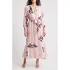 Ciebon Gaeley Print Tie Waist Long Sleeve Maxi Dress In Pink Multi