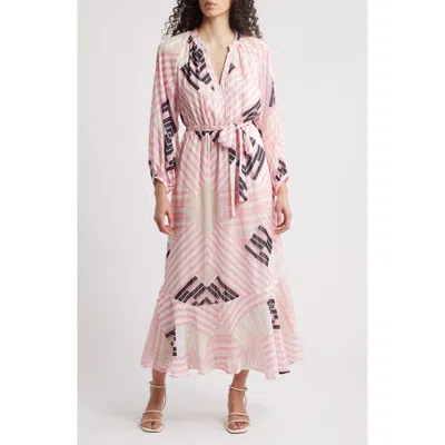 Ciebon Gaeley Print Tie Waist Long Sleeve Maxi Dress In Pink Multi