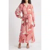 Ciebon Gaeley Print Tie Waist Long Sleeve Maxi Dress In Red Multi