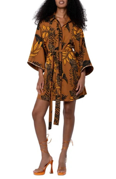 Ciebon Gaia Leaf Print Mini Shirtdress In Brown