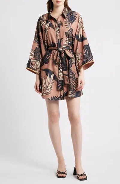 Ciebon Gaia Leaf Print Mini Shirtdress In Brown