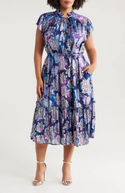 Ciebon Hilma Metallic Floral Print A-line Dress In Blue Multi