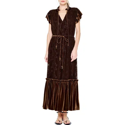 Ciebon Hilma Velvet Trim Lace Maxi Dress In Brown