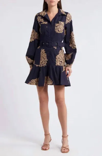 CIEBON INA LONG SLEEVE EMBROIDERED SHIRT DRESS IN NAVY TAN