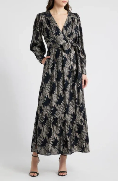 Ciebon Isa Metallic Long Sleeve Wrap Dress In Black