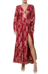 Ciebon Isa Metallic Long Sleeve Wrap Dress In Red