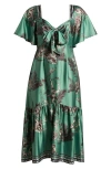 Ciebon Jadelyn Flutter Sleeve Satin Dress In Forest Green