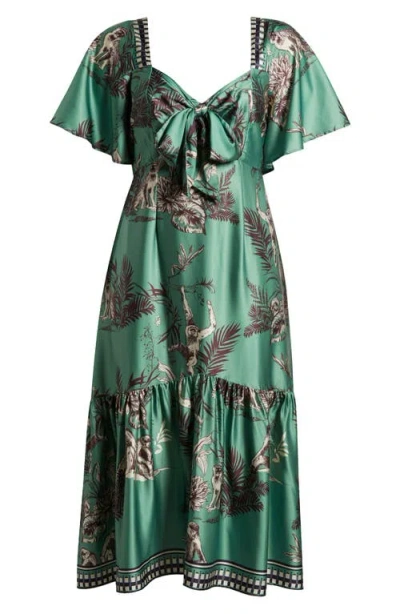 Ciebon Jadelyn Flutter Sleeve Satin Dress In Forest Green