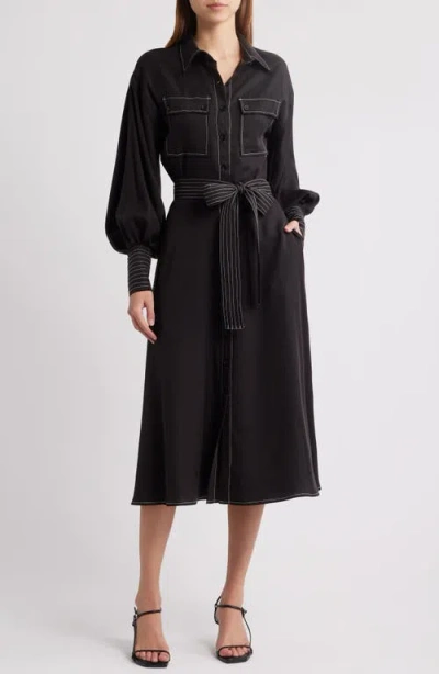 Ciebon Janie Topstitch Tie Waist Long Sleeve Midi Dress In Black