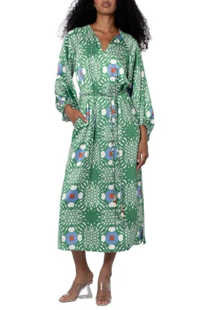 Ciebon Jardin Abstract Print Long Sleeve Satin Dress In Green