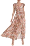 Ciebon Jennsen Ruched Flutter Sleeve Maxi Dress In Brown