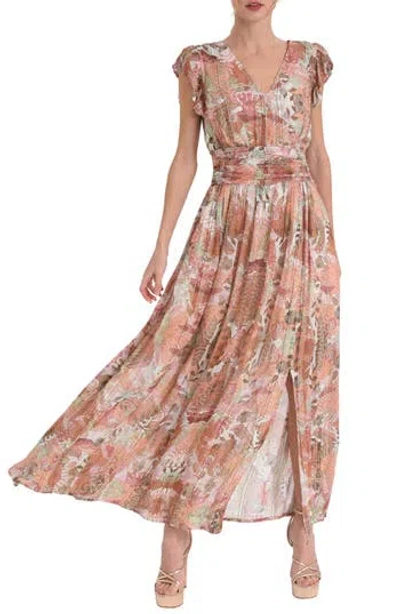 Ciebon Jennsen Ruched Flutter Sleeve Maxi Dress In Brown