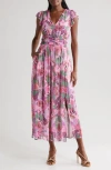 Ciebon Jennsen Ruched Flutter Sleeve Maxi Dress In Pink