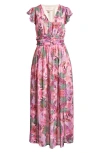 Ciebon Jennsen Ruched Flutter Sleeve Maxi Dress In Pink