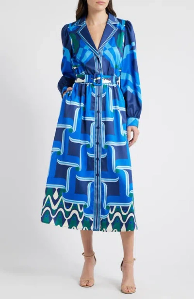 Ciebon Jessenia Print Long Sleeve Midi Shirtdress In Navy/green