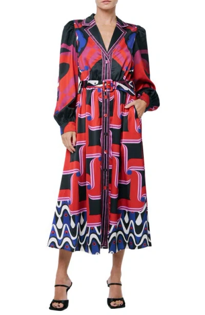 Ciebon Jessenia Print Long Sleeve Midi Shirtdress In Red Multi