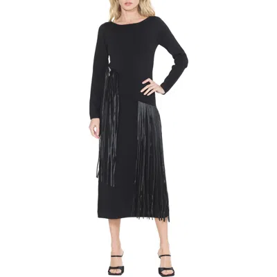 Ciebon Jessica Fringe Long Sleeve Midi Dress In Black