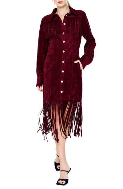 Ciebon Jimena Fringe Long Sleeve Faux Suede Midi Dress In Burgundy
