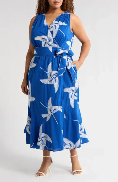 Ciebon Kaiden Embroidered Tie Belt Maxi Wrap Sundress In Blue