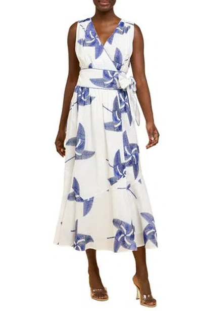 Ciebon Kaiden Embroidered Tie Belt Maxi Wrap Sundress In Off White/ Blue