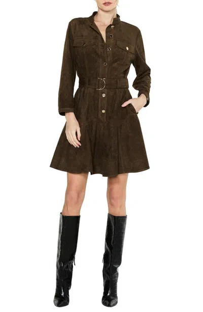 Ciebon Karrie Belted Long Sleeve Faux Suede Shirtdress In Green
