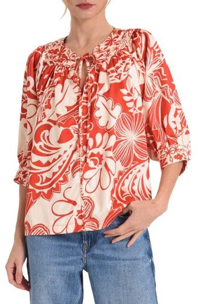 Ciebon Katari Floral Three Quarter Sleeve Top In Red Multi