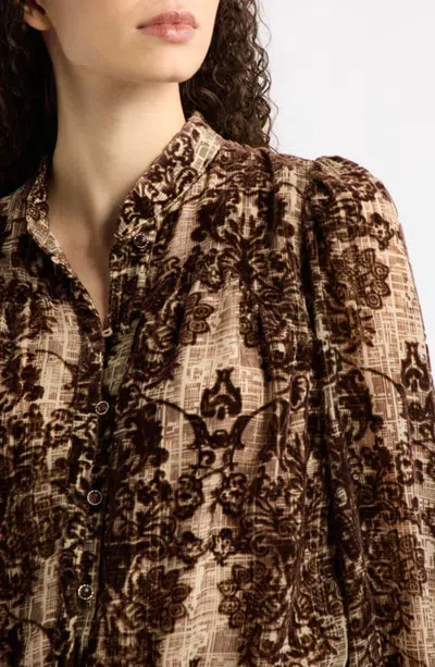 Ciebon Kay Velvet Burnout Mandarin Collar Button-up Shirt In Brown Multi
