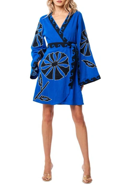 Ciebon Kiera Embroidered Long Sleeve Cotton Wrap Dress In Blue Multi |  ModeSens