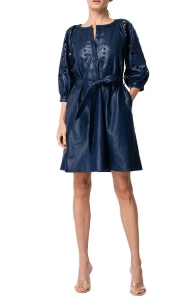 Ciebon Kinna Eyelet Puff Sleeve Tie Belt Faux Leather Shirtdress In Blue