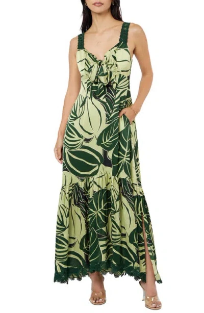 Ciebon Kira Lace Trim Print Maxi Dress In Green