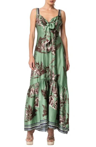 Ciebon Kira Print Front Tie Satin Maxi Dress In Green